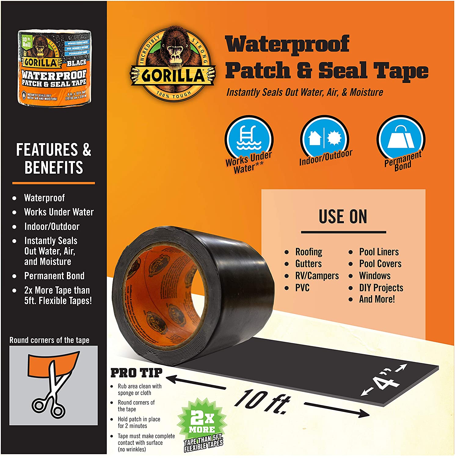Gorilla Waterproof Patch & Seal Tape, 3.04 x 0.1 m, Black/White/Clear
