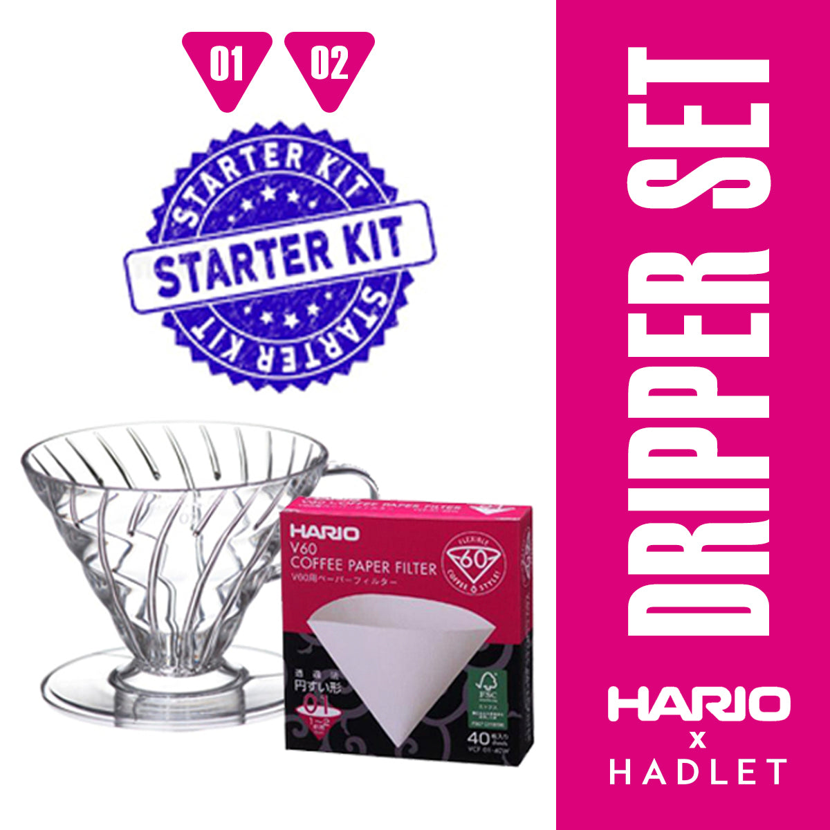 Hario V60 Coffee Starter Kit Dripper & Filter Paper [Size 01/02] White/Transparent/Red