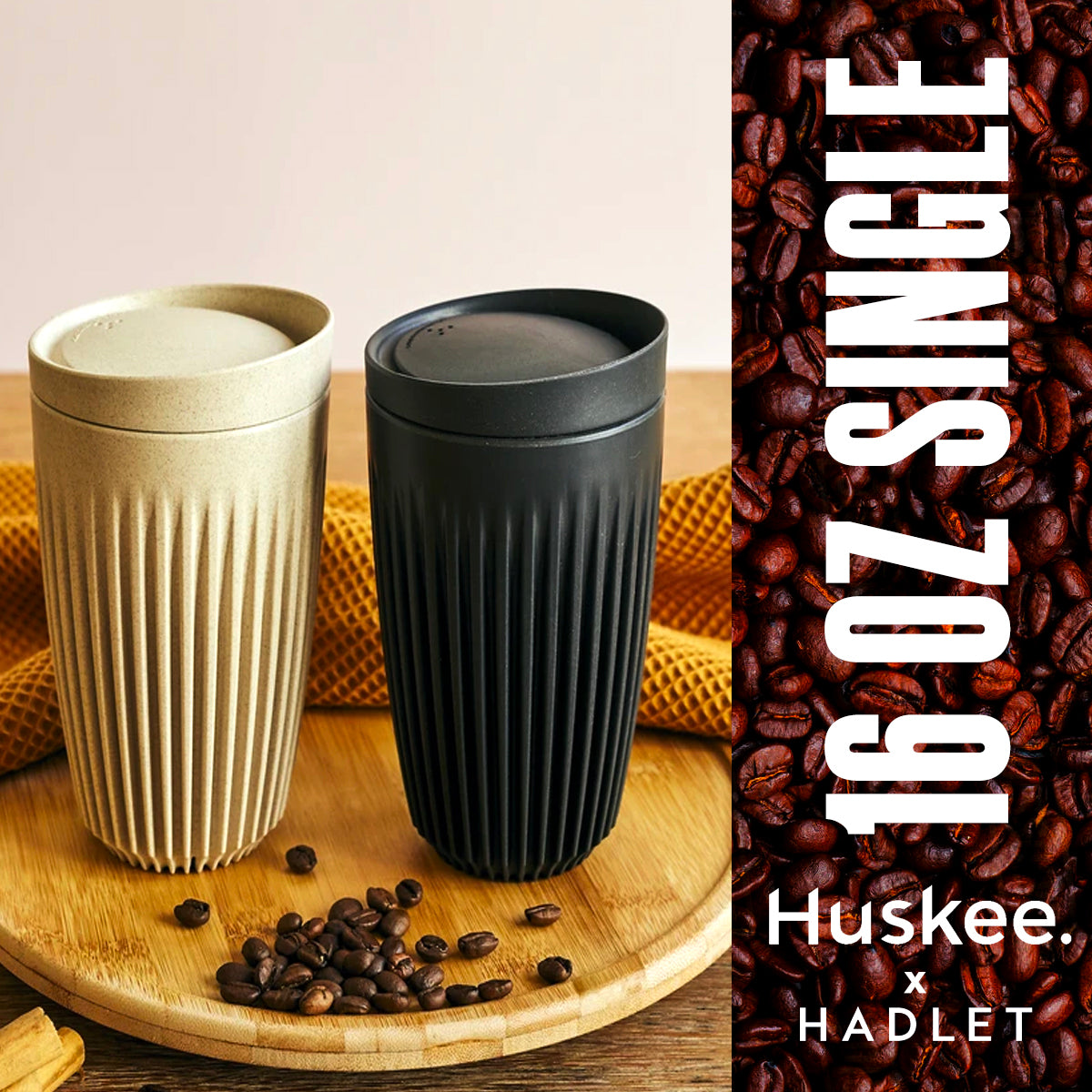 Huskee Coffee Cup + Lid Charcoal/Natural [473ml/16oz] Eco-Friendly Non Toxic