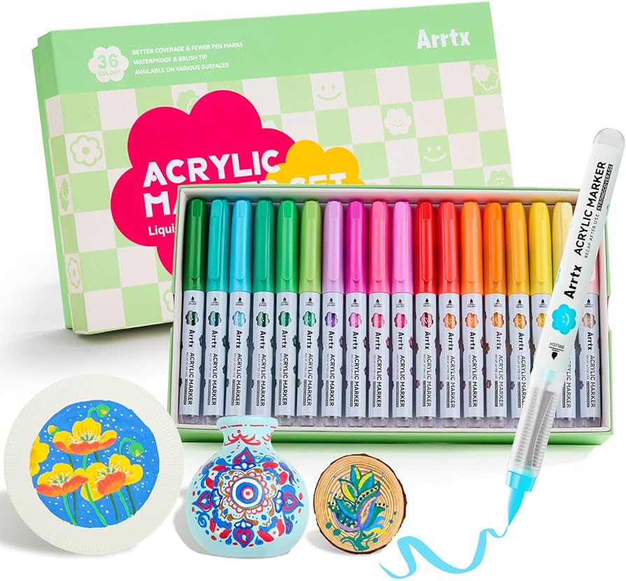 Arrtx 36 Acrylic Paint Markers Brush Tip & Liquid Ink