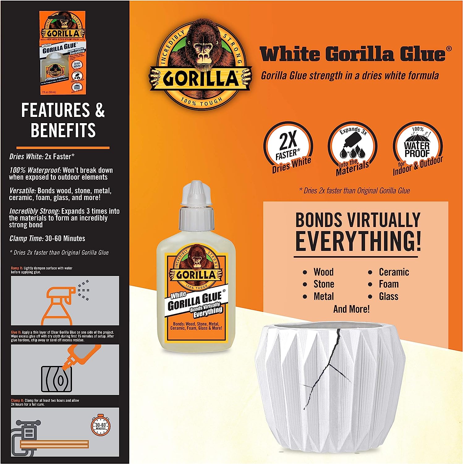 Gorilla White Glue, Waterproof Polyurethane 2 Oz