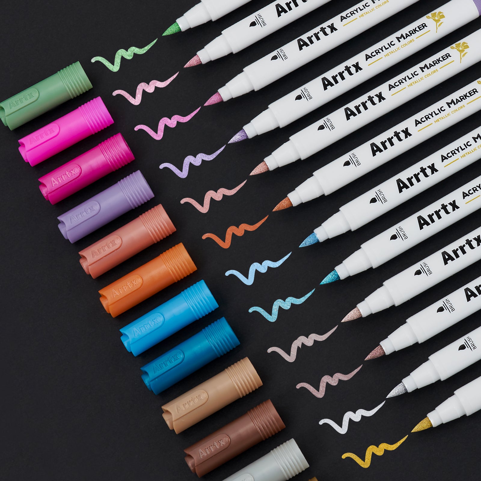 Arrtx 12 Metallic Colors Acrylic Marker Soft Brush Tip