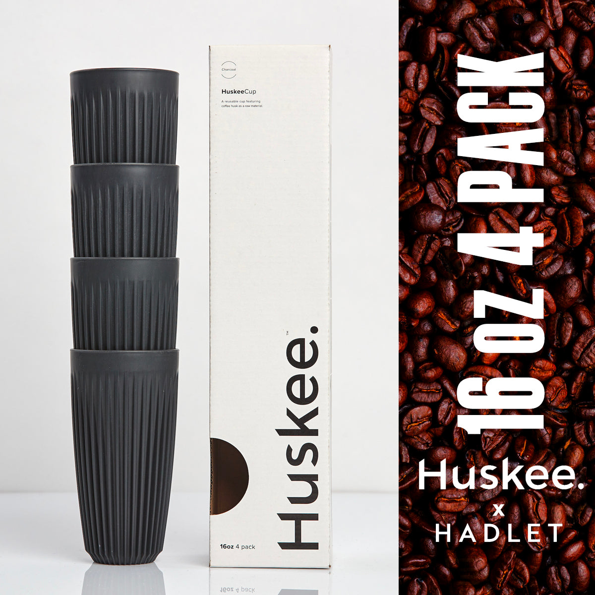 Huskee Coffee Cups Pack of 4 [16oz/473ml] (Charcoal/Natural)